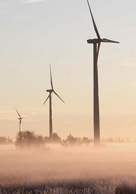 Wind turbines generating renewable energy in a natural landscape at sunrise.